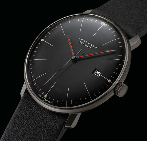 Junghans Max Bill Automatic Bauhaus Watch with black dial, leather strap, black pvd case