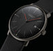 Junghans Max Bill Automatic Bauhaus Watch with black dial, leather strap, black pvd case