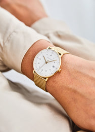 Junghans Max Bill Damen Watch with white dial, gold strap, yellow gold pvd case