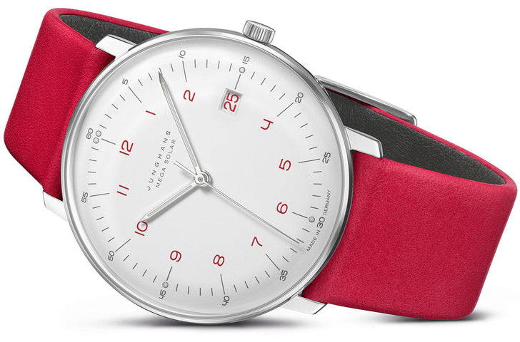 Junghans Max Bill Mega Solar Watch with white dial, leather strap, steel case