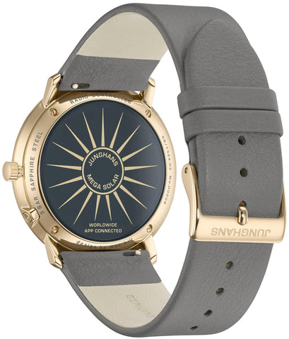 Junghans Max Bill Mega Solar Watch with grey dial, leather strap, yellow gold pvd case