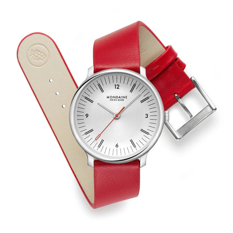 Mondaine Doppio 33mm Red Vegan Grape Leather Watch