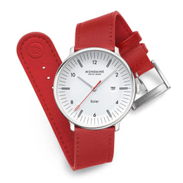 Mondaine Doppio 41mm Solar Red Vegan Apple Leather Watch