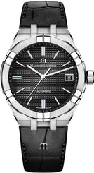 Maurice Lacroix watch with black dial and leather strap on a white background