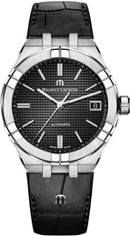 Maurice Lacroix watch with black dial and leather strap on a white background