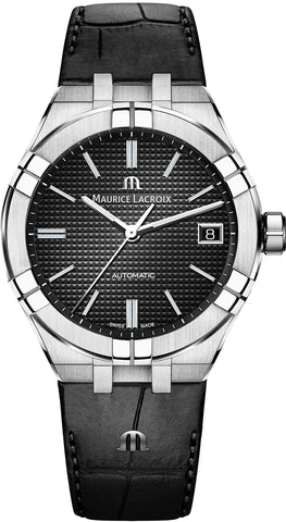 Maurice Lacroix watch with black dial and leather strap on a white background