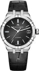 Maurice Lacroix watch with black dial and leather strap on a white background