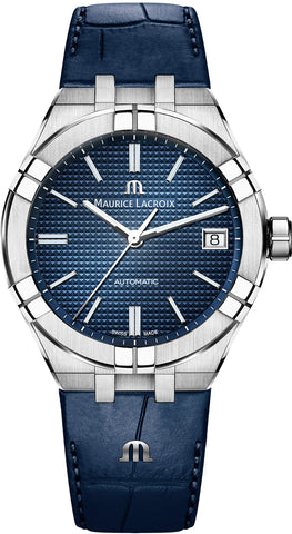 Maurice Lacroix watch with blue strap and blue dial on a white background