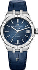Maurice Lacroix watch with blue strap and blue dial on a white background