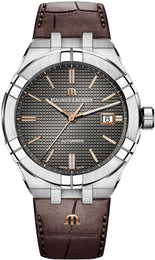 Maurice Lacroix watch with brown leather strap and silver case on white background