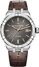 Maurice Lacroix watch with brown leather strap and silver case on white background