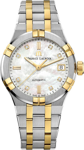 Maurice Lacroix watch with two-tone metal strap and diamond-studded face on a white background