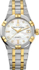 Maurice Lacroix watch with two-tone metal strap and diamond-studded face on a white background