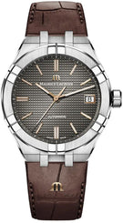 Maurice Lacroix watch with brown leather strap and silver case on white background