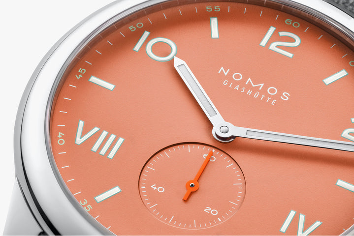 Nomos Glashutte Club Campus 38 Cream Coral Sapphire Crystal Watch