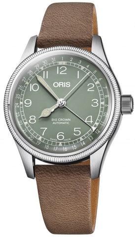 Oris Big Crown Pointer Date Watch with green dial, leather strap, steel case