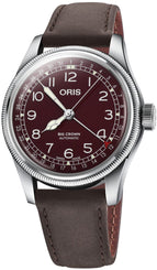 Oris Big Crown Pointer Date Watch with red dial, leather strap, steel case