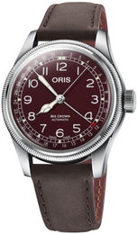 Oris Big Crown Pointer Date Watch with red dial, leather strap, steel case