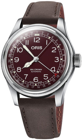 Oris Big Crown Pointer Date Watch with red dial, leather strap, steel case