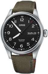 Oris Big Crown ProPilot Big Day Date Watch with black dial, synthetic strap, steel case