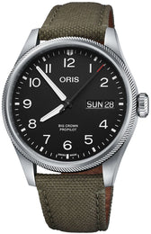 Oris Big Crown ProPilot Big Day Date Watch with black dial, synthetic strap, steel case