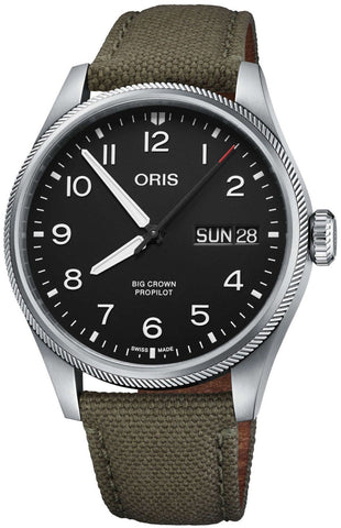 Oris Big Crown ProPilot Big Day Date Watch with black dial, synthetic strap, steel case