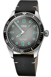 Oris Divers Sixty Five Watch with grey dial, leather strap, steel case