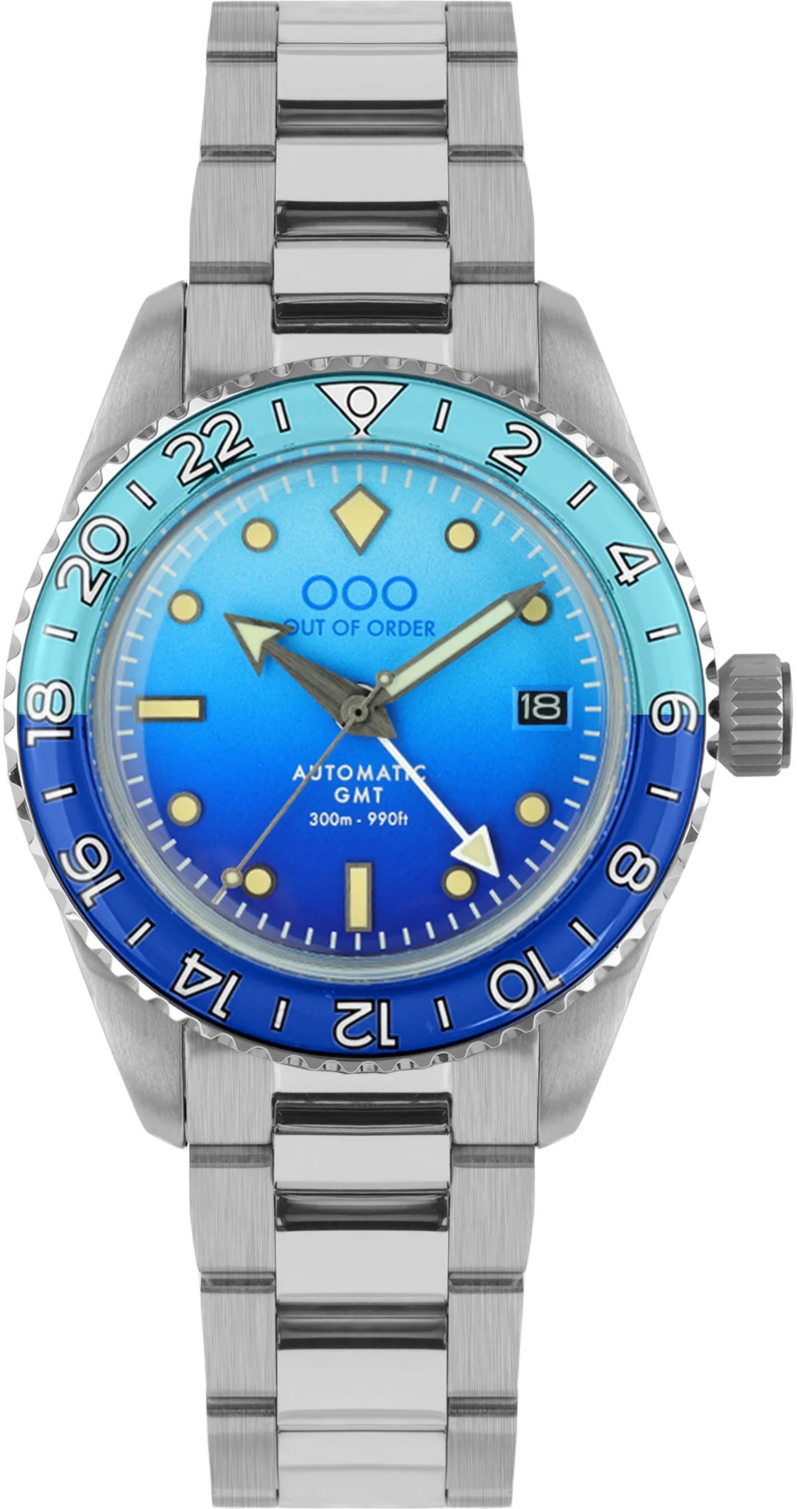 Montre Automatique Homme Out Of Order BOMBA BLU GMT - Boîtier Acier Brossé 40mm, Cadran Bleu, étanche 300m