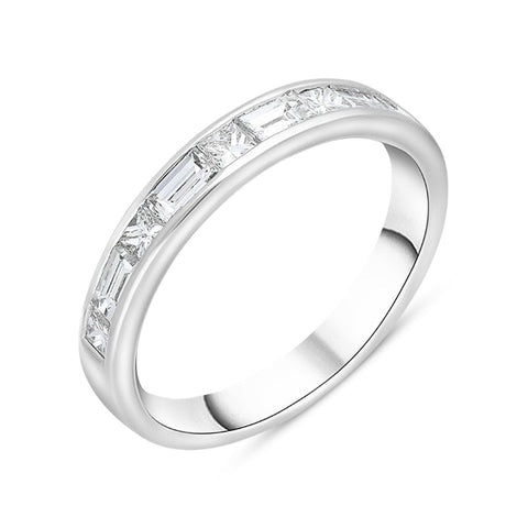 Platinum 0.93ct Diamond Princess and Baguette Cut Channel Set Half Eternity Ring, FEU-2647