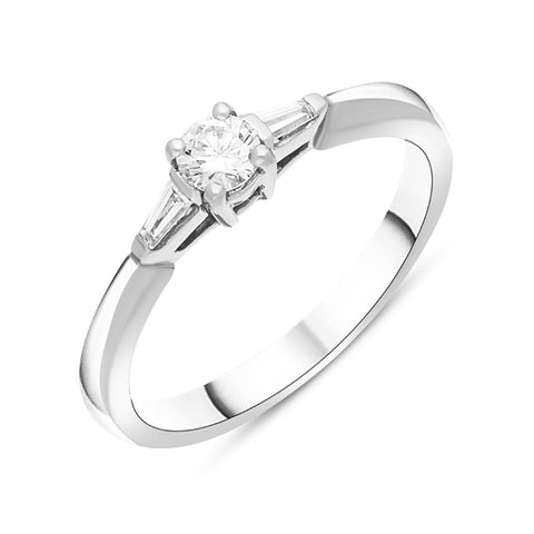 Platinum Diamond Round Brilliant Tapered Baguette Cut Three Stone Ring D