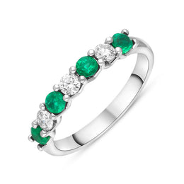 Platinum Emerald Diamond Seven Stone Claw Set Half Eternity Ring, FEU-2590.