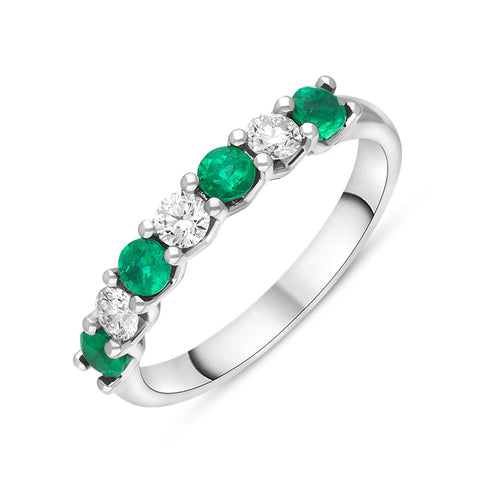 Platinum Emerald Diamond Seven Stone Claw Set Half Eternity Ring, FEU-2590.