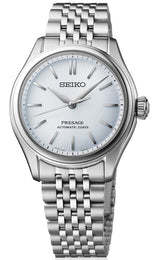 Seiko Presage watch with silver metal bracelet on a white background