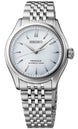 Seiko Presage watch with silver metal bracelet on a white background