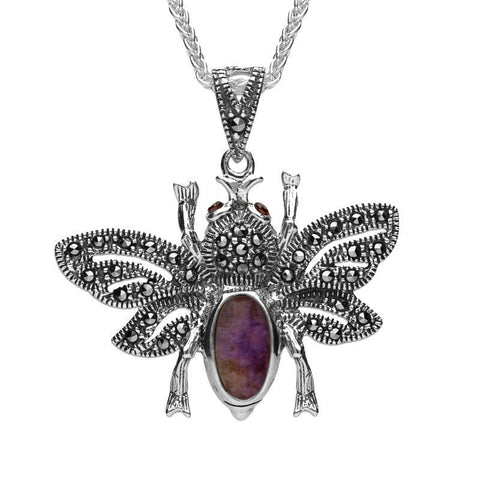 Silver Blue John Marcasite Garnet Bee Pendant Necklace