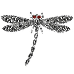 Sterling Silver Marcasite Garnet House Style Dragonfly Brooch M336