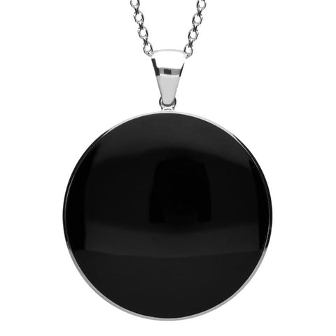 00103722 C W Sellors Silver Whitby Jet and Dark Mother of Pearl Large Round Union Jack Necklace, P2224.
