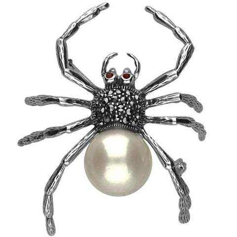 Sterling Silver Marcasite Pearl Garnet House Style Large Spider Brooch M343