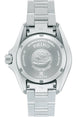 Silver Seiko watch with detailed caseback on a white background