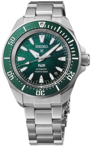 Seiko watch with green dial and silver metal bracelet on a white background