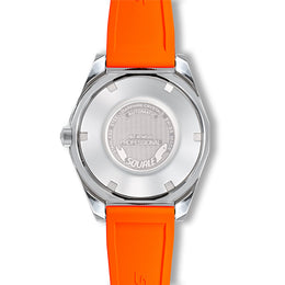 Watch with orange strap and silver case on a white background