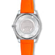 Watch with orange strap and silver case on a white background