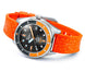 Wristwatch with orange strap and black dial on a white background