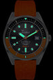 Watch with brown strap and black dial on a white background