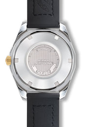 Watch with black strap and silver case on a white background
