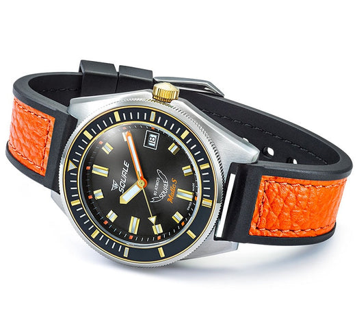 Wristwatch with black and orange strap on a white background