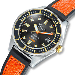 Watch with black face, orange accents, and orange leather strap on a white background