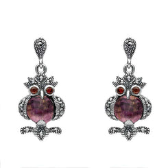 Sterling Silver Blue John Marcasite and Garnet Owl Drop Earrings. E2237.
