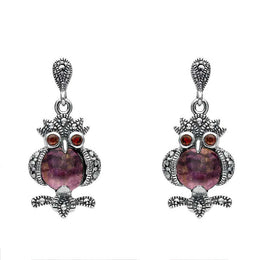 Sterling Silver Blue John Marcasite and Garnet Owl Drop Earrings. E2237.