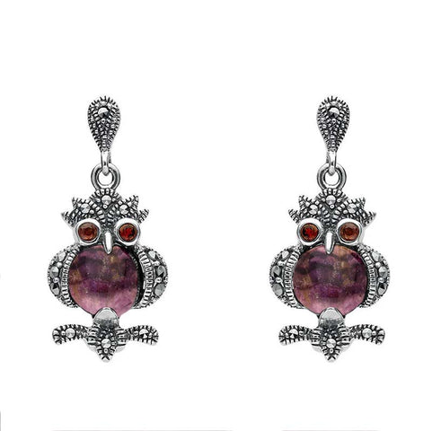 Sterling Silver Blue John Marcasite and Garnet Owl Drop Earrings. E2237.